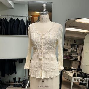 Cream Pleated Henley Button Up Blouse